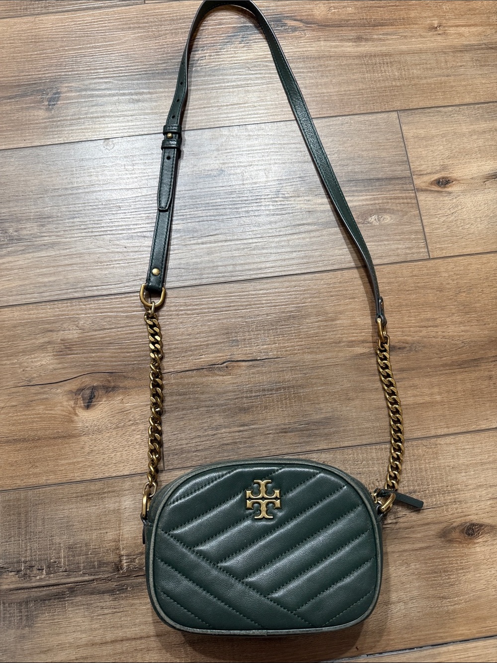 Tory Burch Forest Green Quilted Leather Camera Bag with Gold Hardware